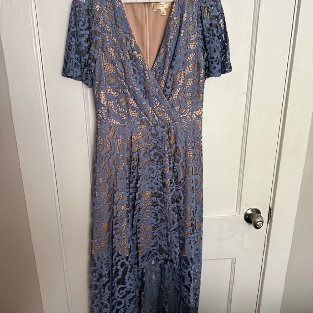 Moulinette Soeurs Blue Midi Gown with V-Neck and Wrap Style
